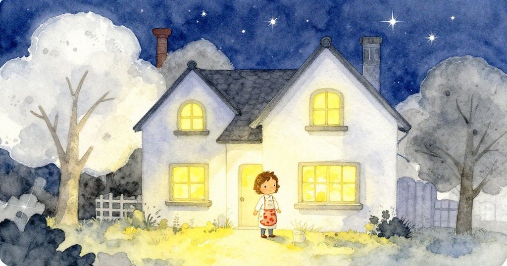 Opal站在溫暖小屋前，星光閃爍夜空，窗透銀光，氣氛寧靜，故事序幕在夜晚中展開