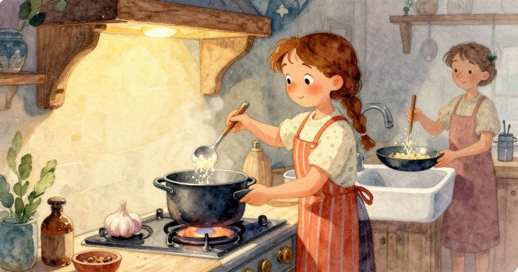 Opal穿著舒適拖鞋在廚房踩著溫暖地板，邁向料理台，透露準備晚餐的期待與細膩情感