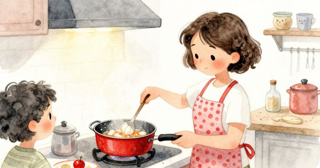 從Opal背後看她專注攪拌熱鍋，湯匙飛舞中散發蒜香，展現出溫暖家園的烹調情景