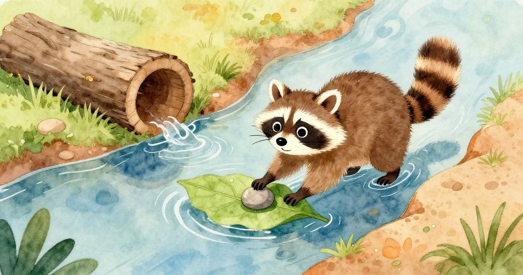 小浣熊在寧靜的溪邊忙碌，從高空俯瞰，溪流、原木與堤岸明亮，充滿好奇與期待的情緒，開始了冒險
