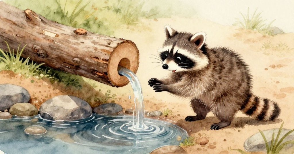 小浣熊在近拍鏡頭中仔細操作，手按著捲曲種莢在濕葉上，呈現出水珠與葉紋的細膩質感，充滿專注與探索