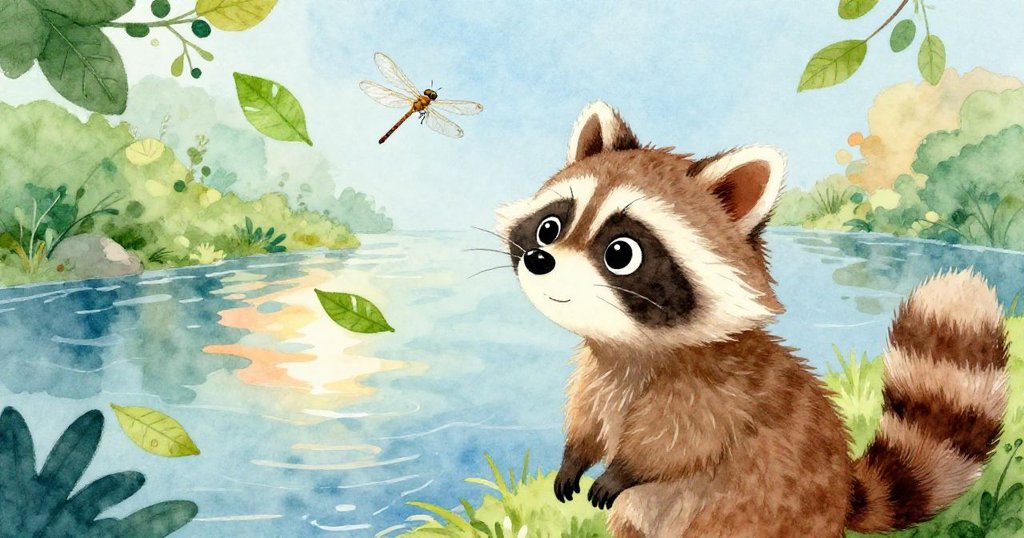 小浣熊從自己視角出發，凝視著漂浮的葉子和盤旋的蜻蜓，充滿驚奇與好奇，展現出自然的奇幻之美