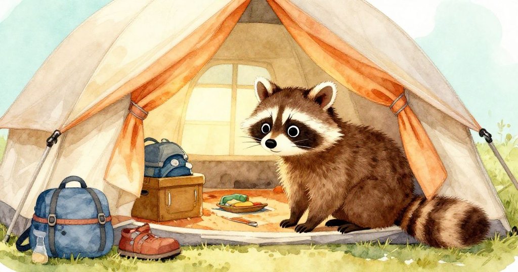 小浣熊在溫馨帳篷內探頭，好奇地與露營用品互動，室內燈光柔和溫暖，透露著淘氣與期待之情