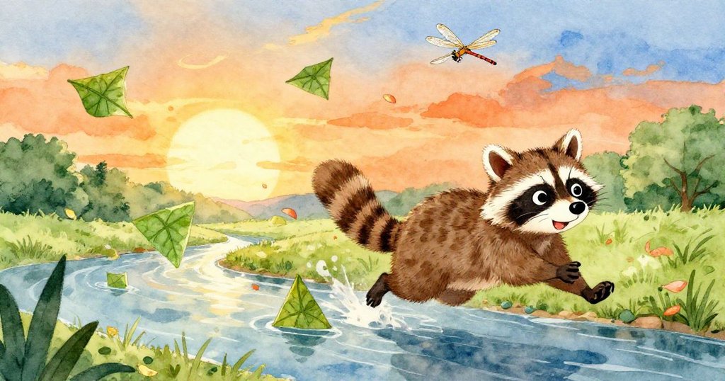 小浣熊在溪邊奔跑追逐，葉子與花瓣迅速碰撞形成三角形動態，蜻蜓飛舞，場面熱鬧充滿冒險與活力