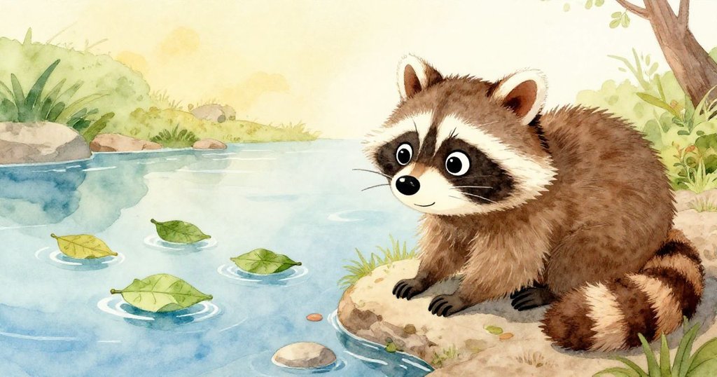 小浣熊在溪岸邊安坐休息，靜靜觀看漂浮工藝品，臉上洋溢著滿足與平靜，結束了一天的冒險