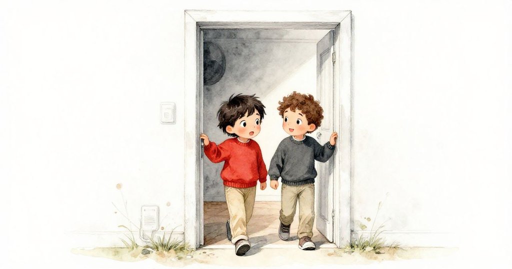 Sage輕鬆推門進入翻新的體育館，Felix好奇跟隨，陽光與溫暖燈光中塵埃飄落，充滿期待與活力。