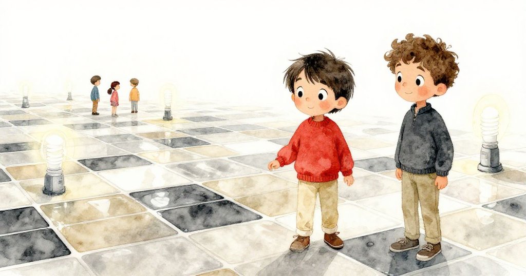 從小生物視角看彩色馬賽克地板，Sage與Felix在背景忙碌，燈光下細節閃耀，充滿好奇與生機。