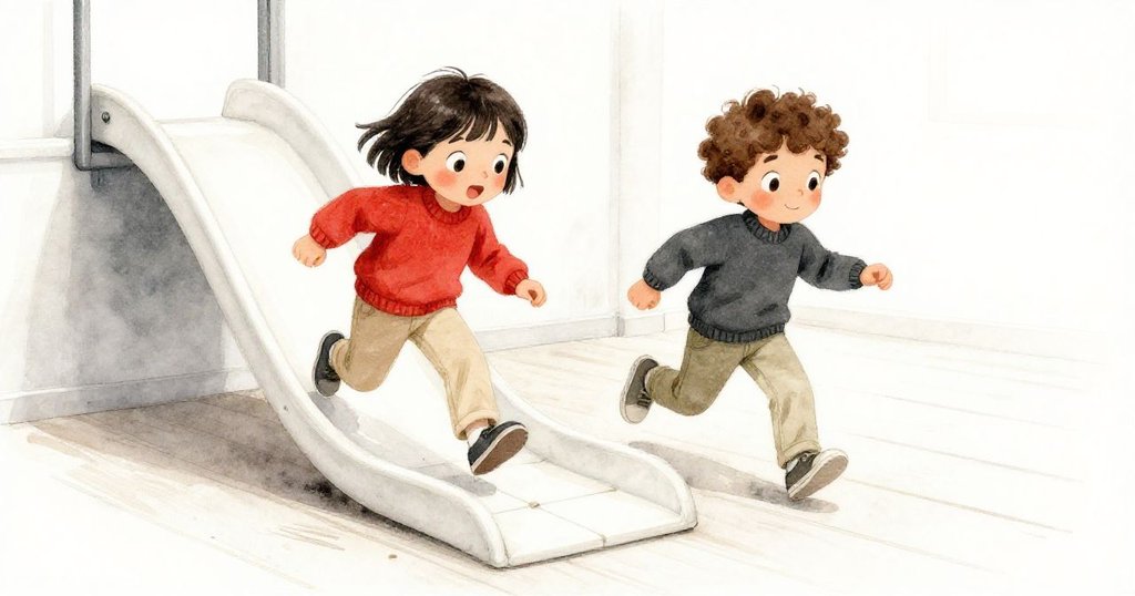 Sage與Felix追逐滑動瓷磚，快樂奔跑中展現興奮笑容，鬆動地板襯托出熱鬧追逐情景。