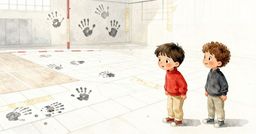 Sage與Felix靜賞完成馬賽克藝術，八行瓷磚映出燈光柔和印記，共同記錄旅程圓滿與溫馨。