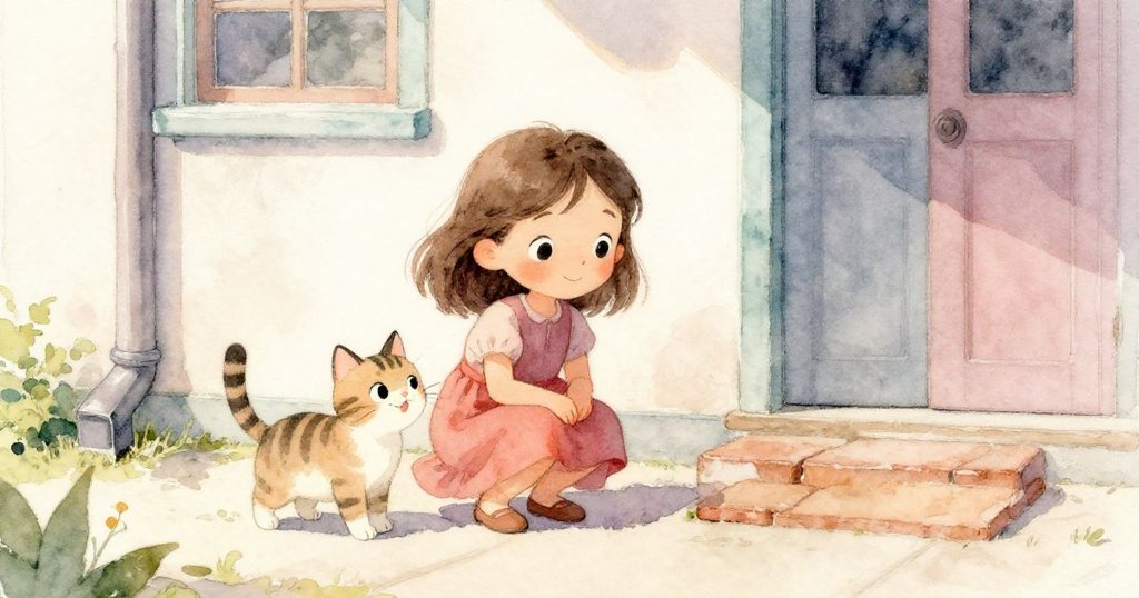 克拉拉蹲在門廊上與小貓及磚塊互動,陽光溫暖,雨後水痕和自然細節交織展現歡樂氛圍。