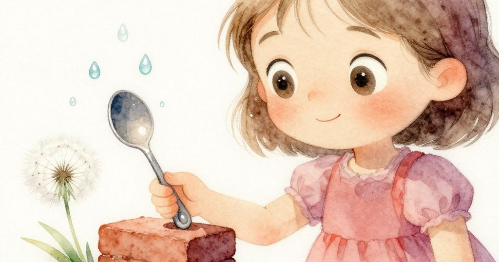 克拉拉近鏡頭露出好奇眼神,用湯匙輕敲磚塊,水珠閃爍映出專注與驚喜的情感。