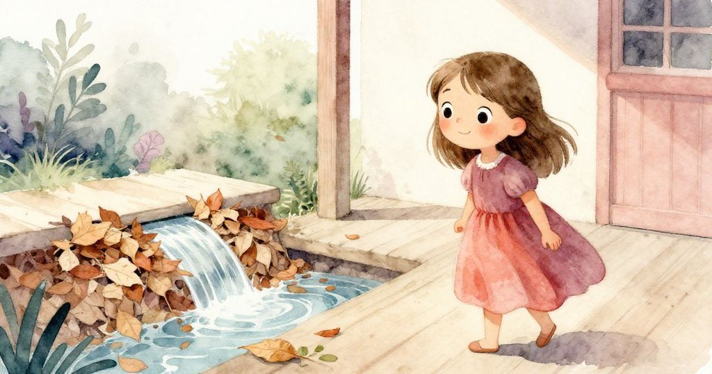 克拉拉站在戶外,注視著積水與乾葉形成的天然攔水牆,濕潤的泥土氣息彌漫在微涼的空氣中。