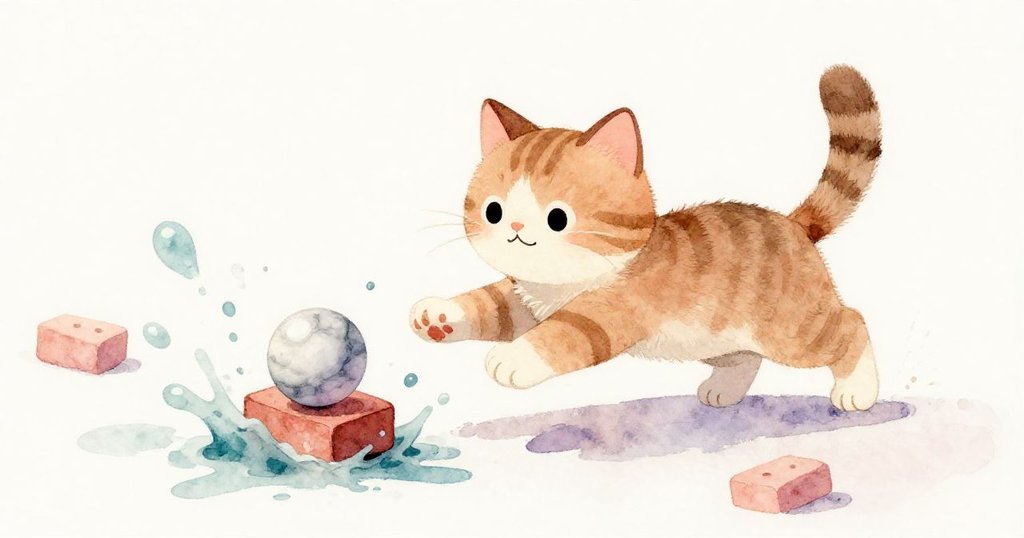 小貓敏捷撲向玻璃彈珠,彈珠撞擊磚塊激起水花飛濺,動感盎然展現活潑有趣的瞬間。