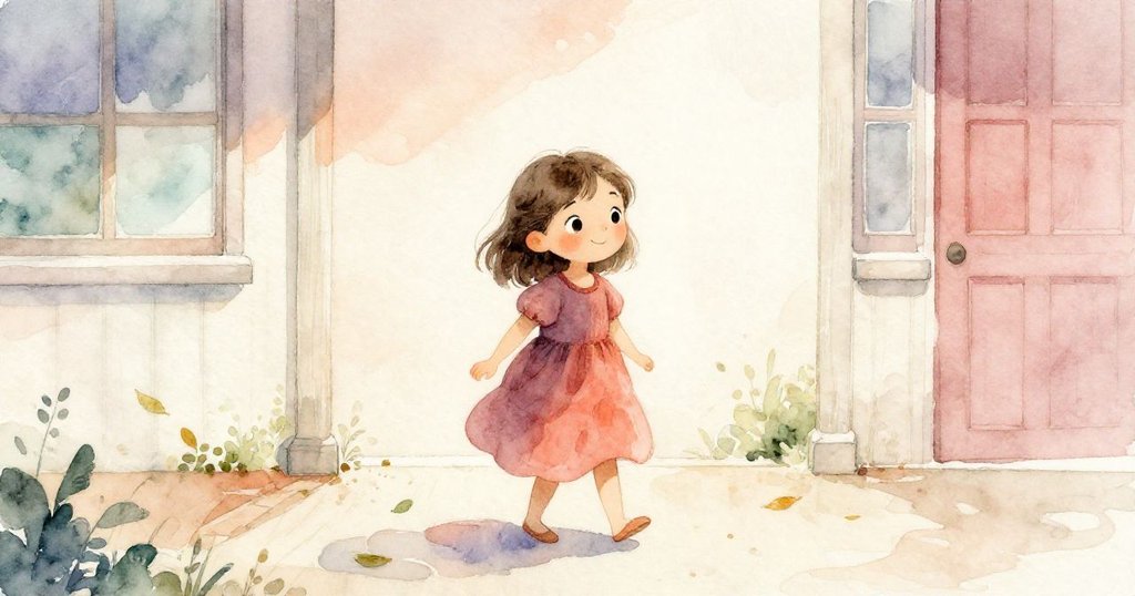 克拉拉微笑站在平靜的門廊邊,水流逐漸消退,乾葉散落,營造出一幅寧靜祥和的秋日景象。