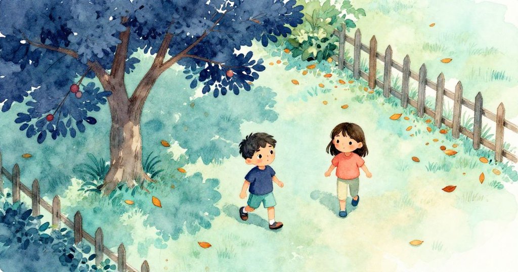 Sam與Uma在明亮花園中探險,鳥瞰見李子樹、圍欄與落葉,充滿好奇與活力展開冒險。