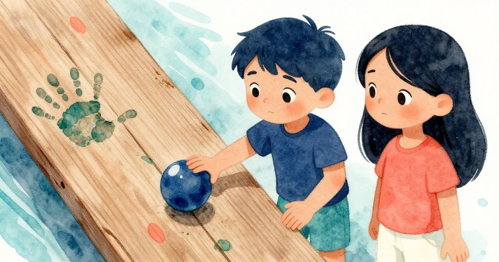 Sam與Uma仔細檢查一塊留有掌印的扭曲木板,旁邊有綠球痕跡,充滿探索與驚喜。