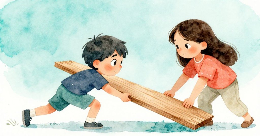 Sam與Uma低角度視圖中合作推木板,充滿堅定與專注,展現童真與團隊精神。