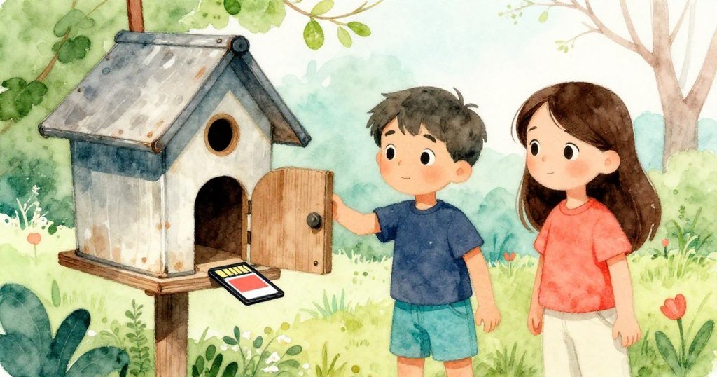 木板搭橋後,老鳥屋門輕開記憶卡滑落,Sam與Uma好奇觀看,春日花園中風起花動。