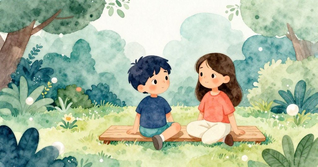 Sam與Uma坐在草地上,並肩欣賞花園與穩定木板,陽光溫暖,寧靜中展露成就與快樂。