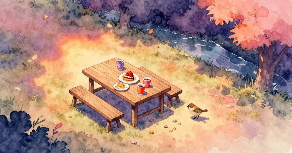 戶外場景中，浣熊與麻雀共處於鋪滿彩色杯盤與蛋糕的野餐桌附近，夕陽輕灑池塘邊，情緒活潑而期待。