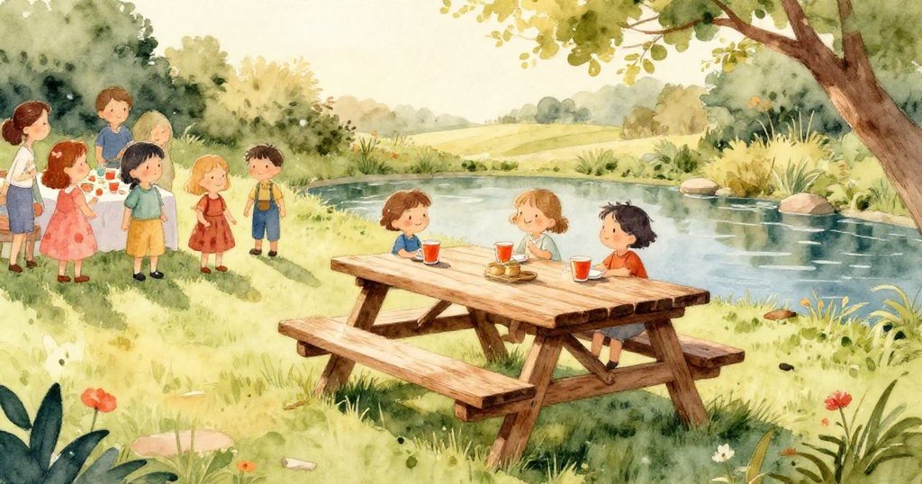 浣熊觀看浮動的彩繪拼圖碎片，近景展現小物寓意神秘故事，背景隱約見野餐設備，情感充滿好奇和期待。