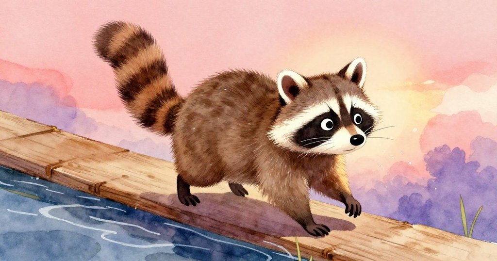 浣熊從高處俯視踏上細長木橋，臉上流露堅定與些許脆弱，雨點輕灑呈現出緊張卻期待的情緒。