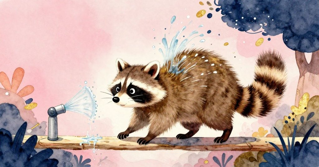 浣熊在狹窄木橋上奮力保持平衡，後背被突來水花打濕，面露驚慌與專注，氛圍緊張刺激充滿冒險感。