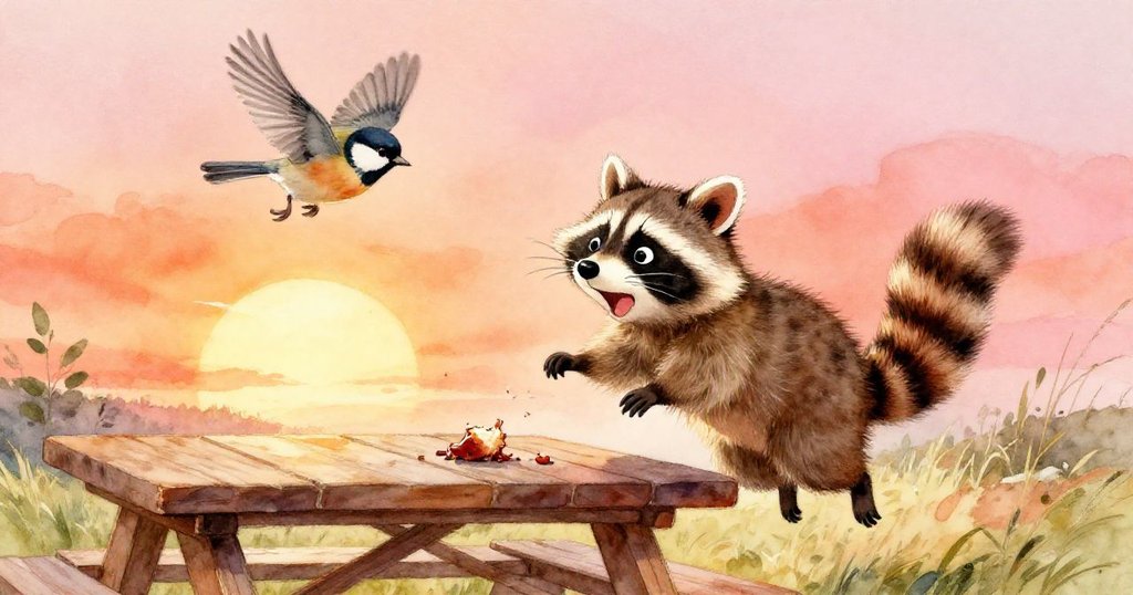 浣熊成功躍上野餐桌奪得黏稠麵包屑，麻雀從上方盤旋，背景夕陽溫暖，展現出勝利與團聚的歡欣情感。