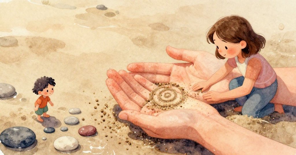 伊芙專注用手仔細擺放閃亮卵石，沙粒細膩流露溫暖創作情懷，推進故事互動細節。