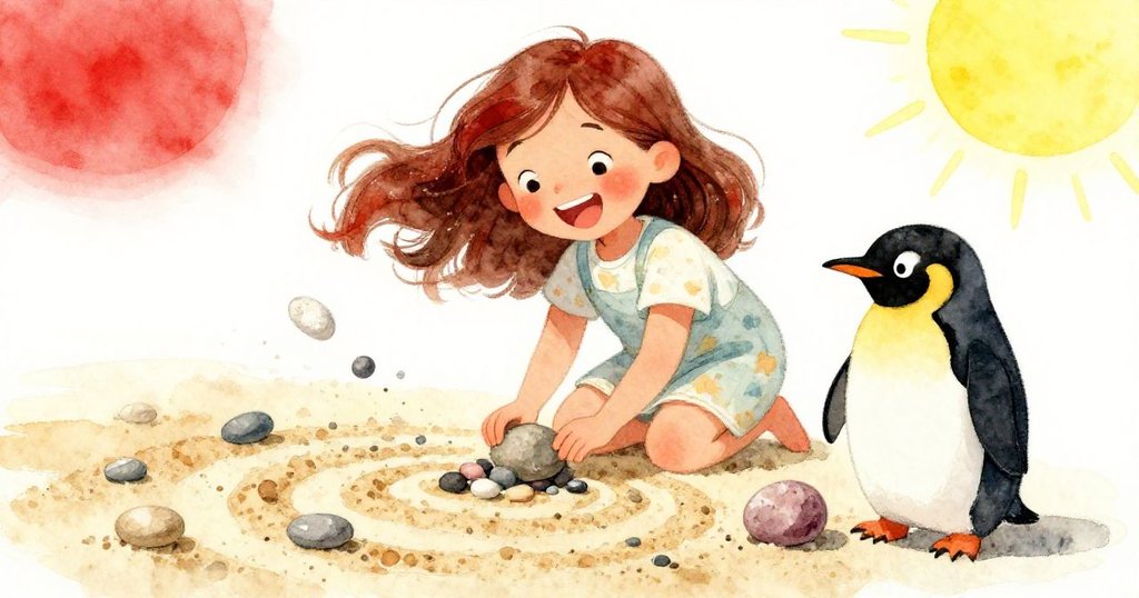 伊芙歡笑著蹲下收集卵石，小企鵝溫柔推亮石回歸螺旋，溫馨互動慶祝故事解決時刻。