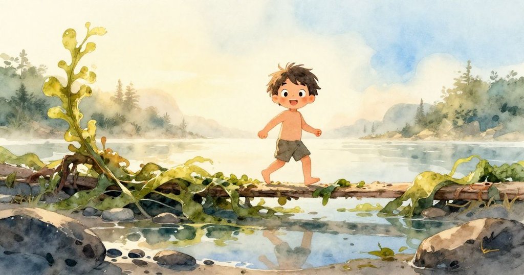 Wade 踏入潮池，輕柔晨霧中映出腐爛海藻與濕潤石頭，神情充滿期待與好奇，在早晨微光中展開冒險。