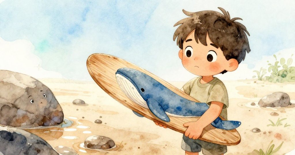 Wade 握著舊木板，其上褪色的藍色鯨魚圖案清晰可見，他舉板遮陽，表情專注且充滿決心，海邊場景生動展開。