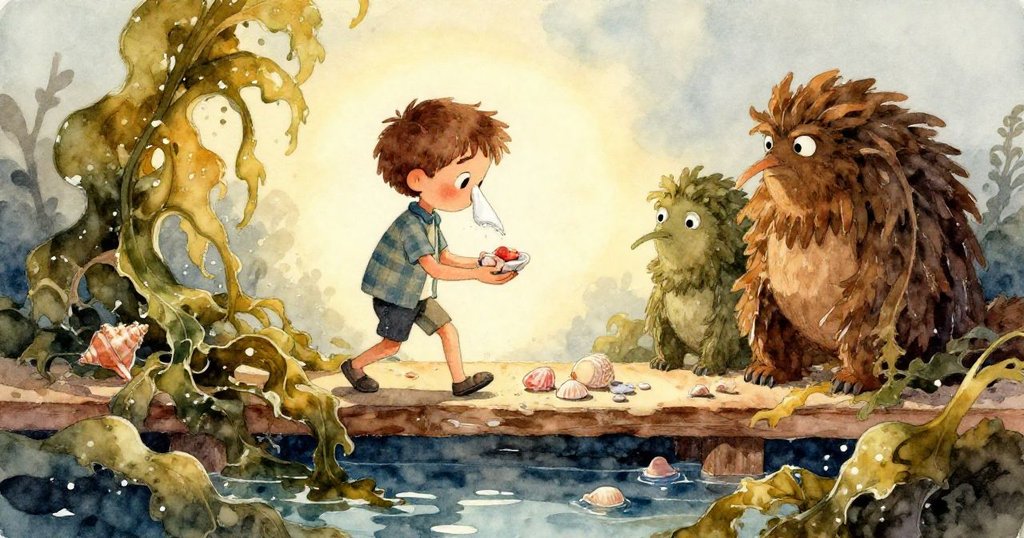 潮池中一片飛散的木屑撩動水面，一條小魚迅速躍動，水波閃爍，環境生機勃勃，展示海邊驚喜瞬間。