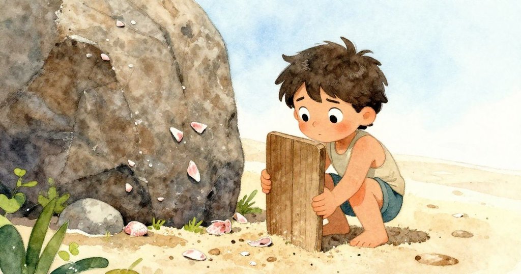 Wade 蹲在高大玄武岩旁，舉板擋光，仔細收集散落在沙中的粉紅貝殼，背景展現自然守護與專注努力。