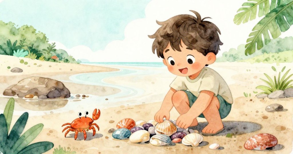 Wade 在潮池邊拾貝殼，一隻好奇小螃蟹靠近，兩者共享驚奇時刻，充滿溫馨互動，在海邊環境中展露活力。