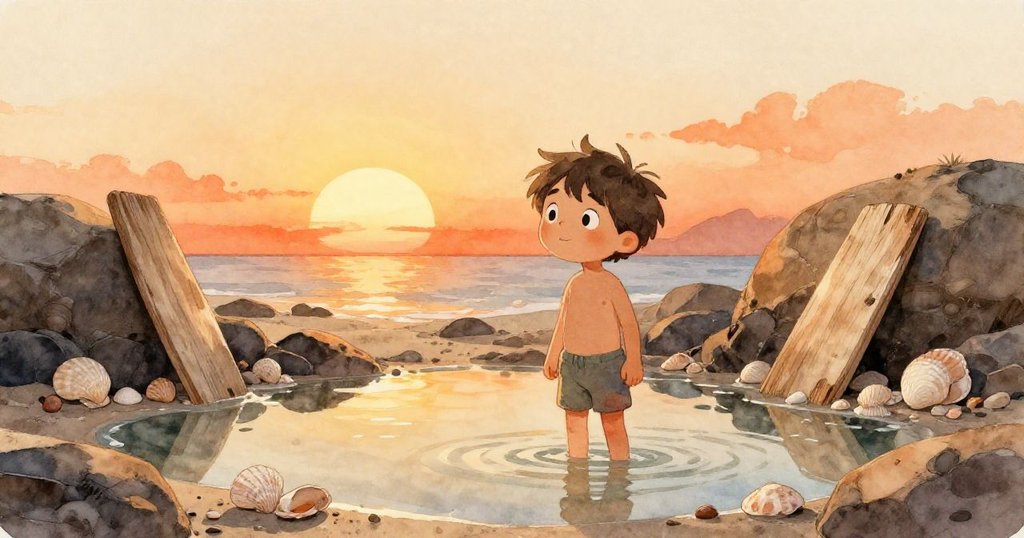 Wade 在夕陽餘暉中滿足地檢視拾得貝殼，破舊木板依靠玄武岩旁，微風吹過沙灘，展現一天美好結局。