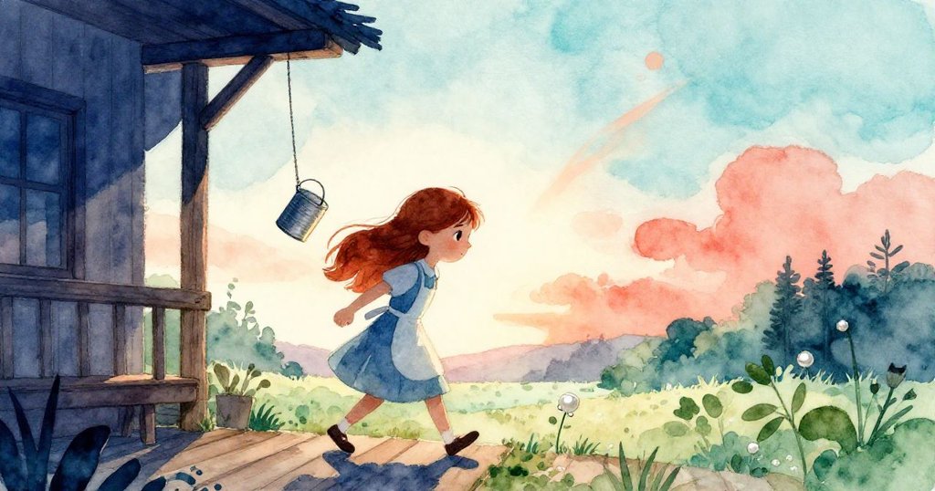 諾拉在明亮溫暖的傍晚穿過老舊門廊，金屬罐隨步搖晃，輪廓清晰，展現活力與決心。