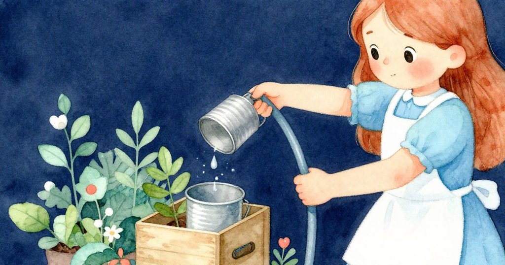 諾拉仔細地從香草箱中拉開水管，手中握著半滿的金屬罐，水滴閃爍，充滿期待的情緒。