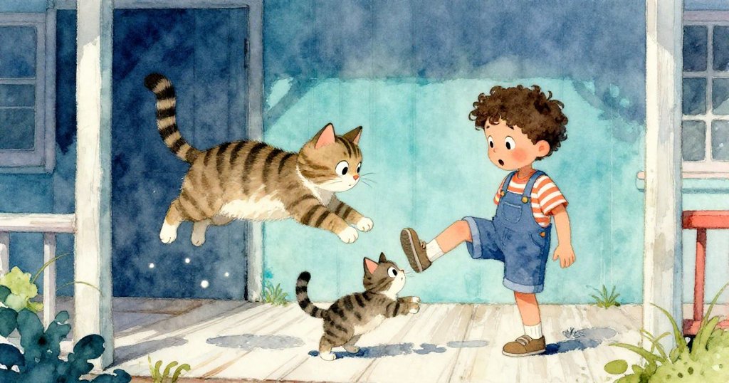 條紋貓突然跳起撞到贊的腳踝，兩人表情生動，諾拉在背景關切注視，充滿驚喜與互動。