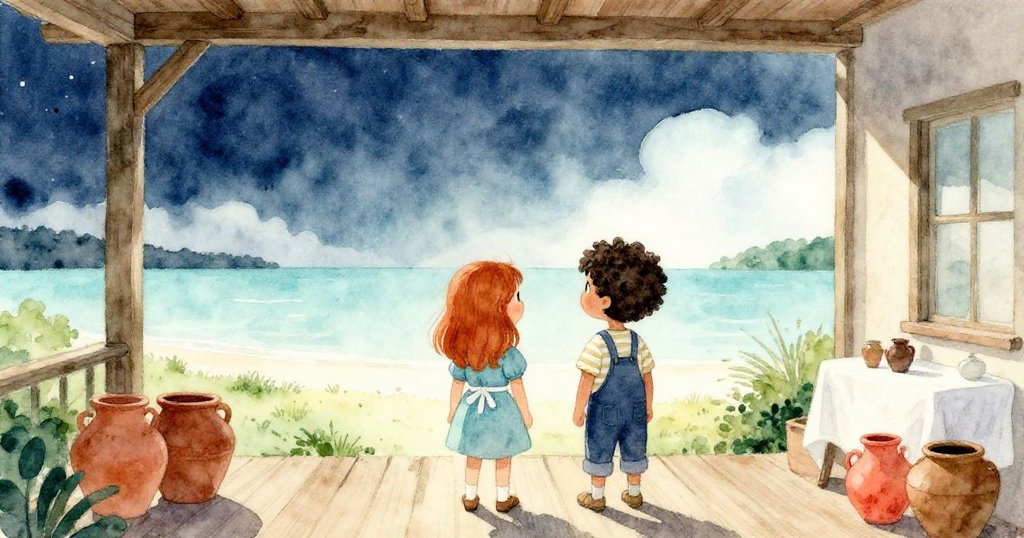 諾拉與贊平靜站立於門廊上，目光投向遼闊開放的遠方，陶罐靜止，傍晚清涼的空氣帶來寧靜結局。