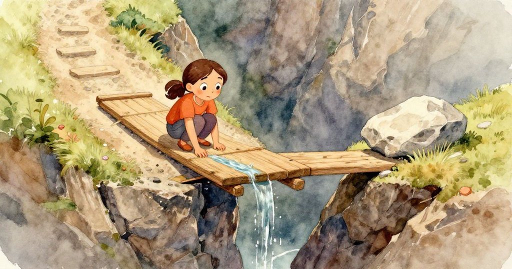 Tara伸手緊握著濕潤破舊木板邊緣，木紋清晰展現，飛濺水珠映出挑戰開始的堅持與希望。