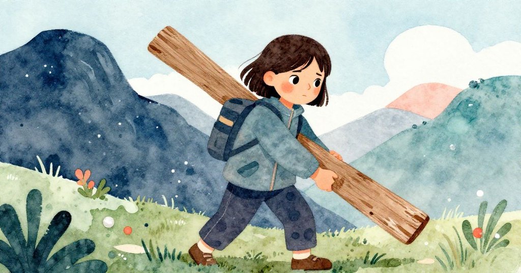 從低角度看見Tara努力拉升木板，全身用力，背景山崖與風起樹影襯托她堅毅英勇的身姿。