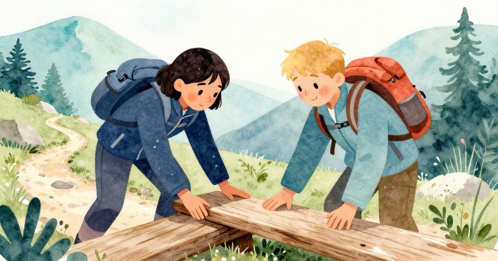 Tara與Dean在午後柔光中共同支撐搖晃木板，彼此協力面對挑戰，背景山徑與流水訴說著時間流逝與團結。