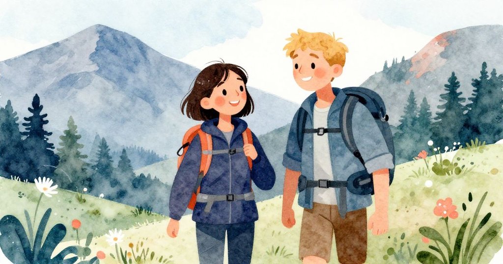 Tara與Dean在山間空地上互相微笑慶祝，肩並肩面對挑戰，溫暖陽光映照出他們勇敢與團結的喜悅。