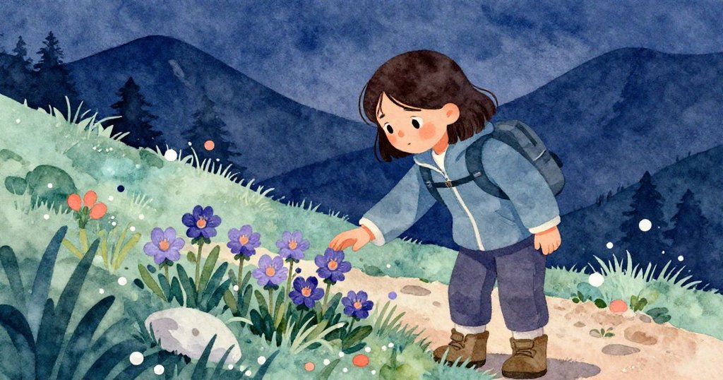 Tara在黃昏柔光中離開木板，俯身輕觸頑強紫色高山花，神情沉思且溫柔，背景山巒和夕陽交織著告別情懷。