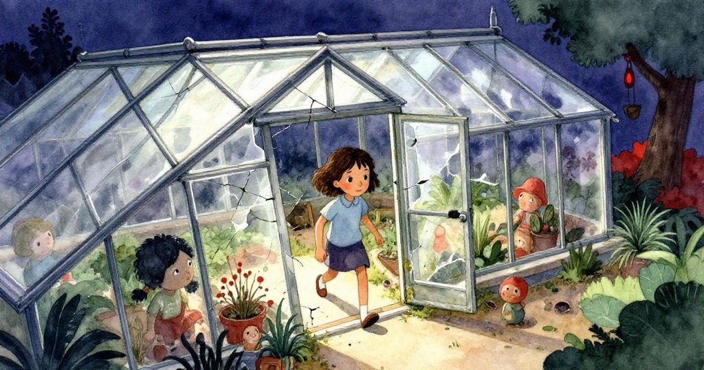 橄欖站在破裂天窗下進入溫室,臉上露出興奮與期待,周圍環境充滿斑駁光影與古舊氣息。