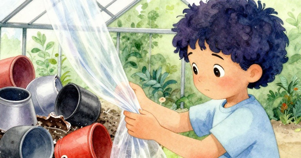 橄欖低頭發現破損盆栽旁隱藏的塑膠布,手中拈起布料,滿懷創意與希望面對新挑戰。