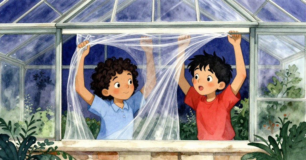 塞斯與橄欖合力固定塑膠布於玻璃天窗內側,兩人齊心協力,臉上滿是堅毅與互信的表情。