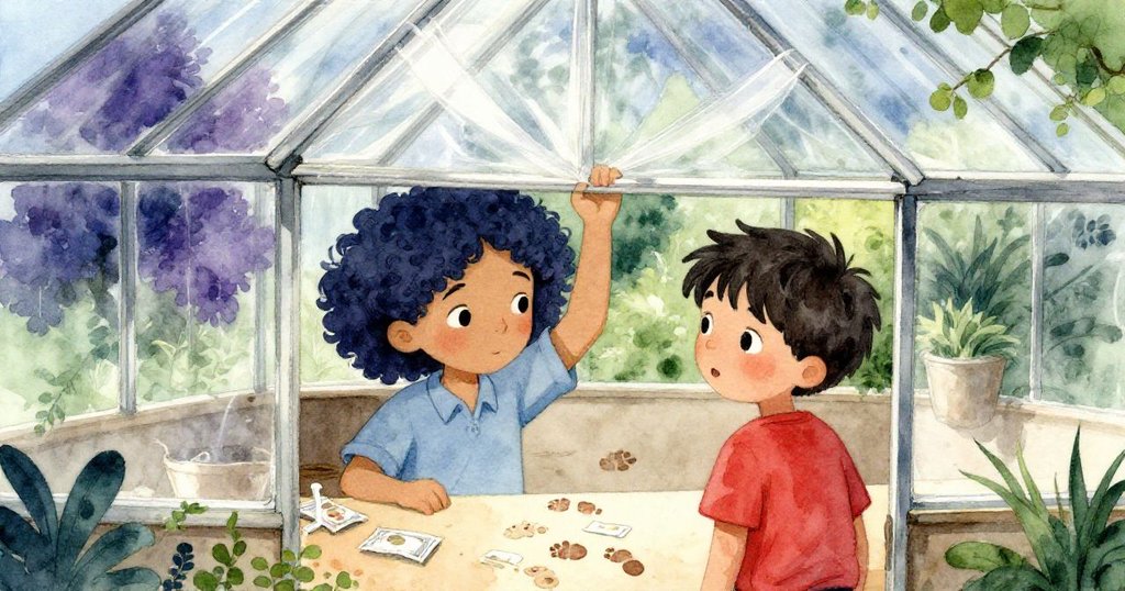 溫室恢復平靜,玻璃天窗高舉,散落的種子和清晰腳印見證橄欖與塞斯合力後安寧、滿足的時光。