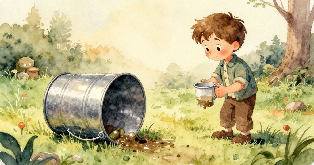 Olive專注操作手中彈珠，輕推鐵桶邊緣，近景細膩描繪動作與溫柔光影，充滿神奇感。